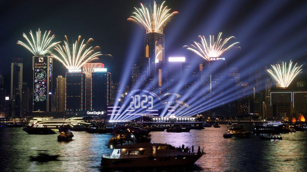 Fireworks explode over Victoria Harbour to celebrate the New Year in Hong Kong