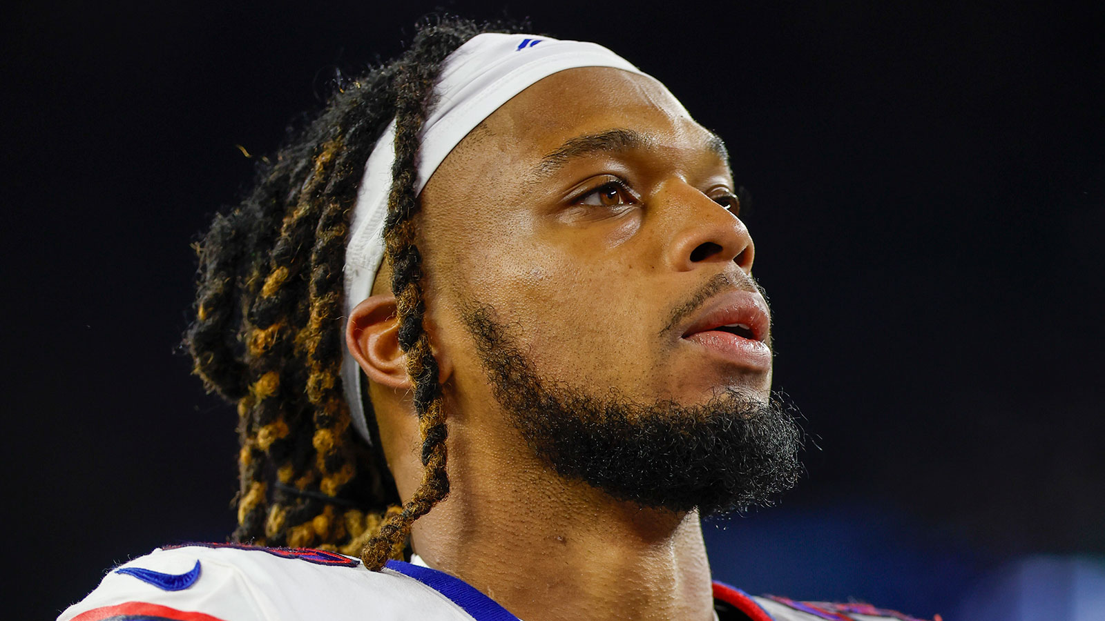 Damar Hamlin leaves the field after an NFL football game on December 1, 2022, in Massachusetts. 