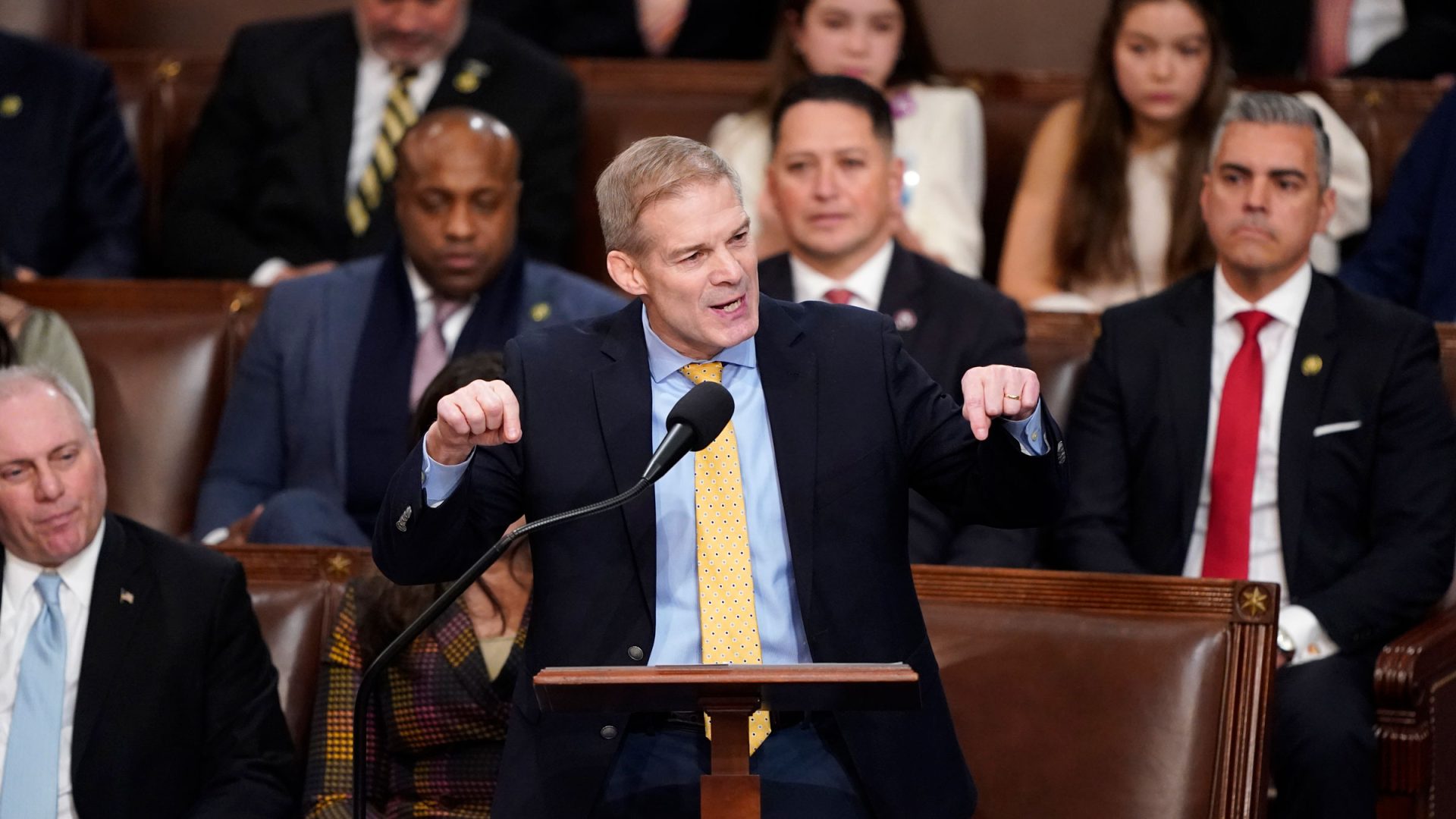 US Rep. Jim Jordan speaks on behalf of Kevin McCarthy on Tuesday.