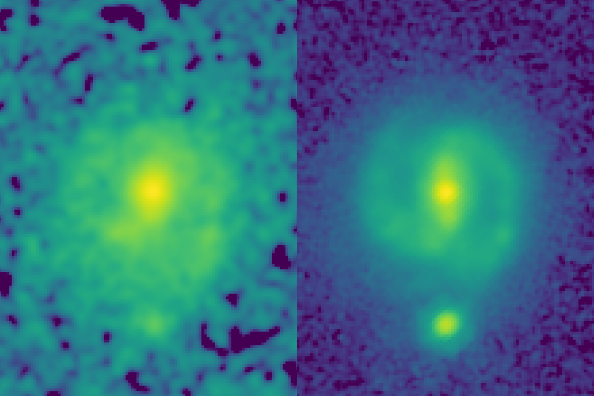 A side-by-side image of an image of a galaxy taken by the Hubble and James Webb telescopes.