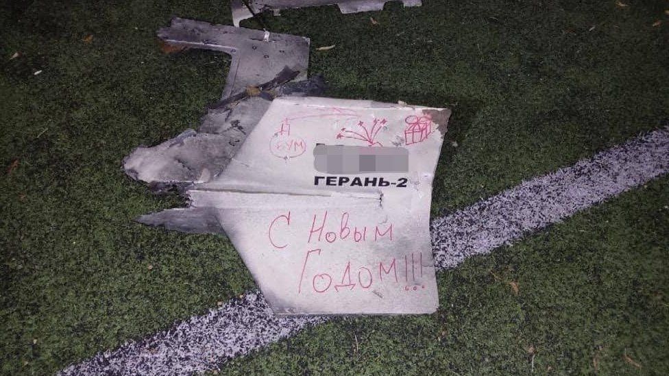 Ukrainian authorities posted a picture of a Russian drone that says, in Russia, "Happy New Year"