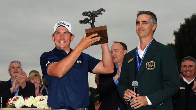 Scott Stallings with the Farmers Insurance Open trophy in 2014