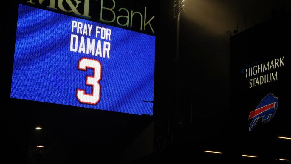 Pray for Damar sign at Buffalo Bills home stadium