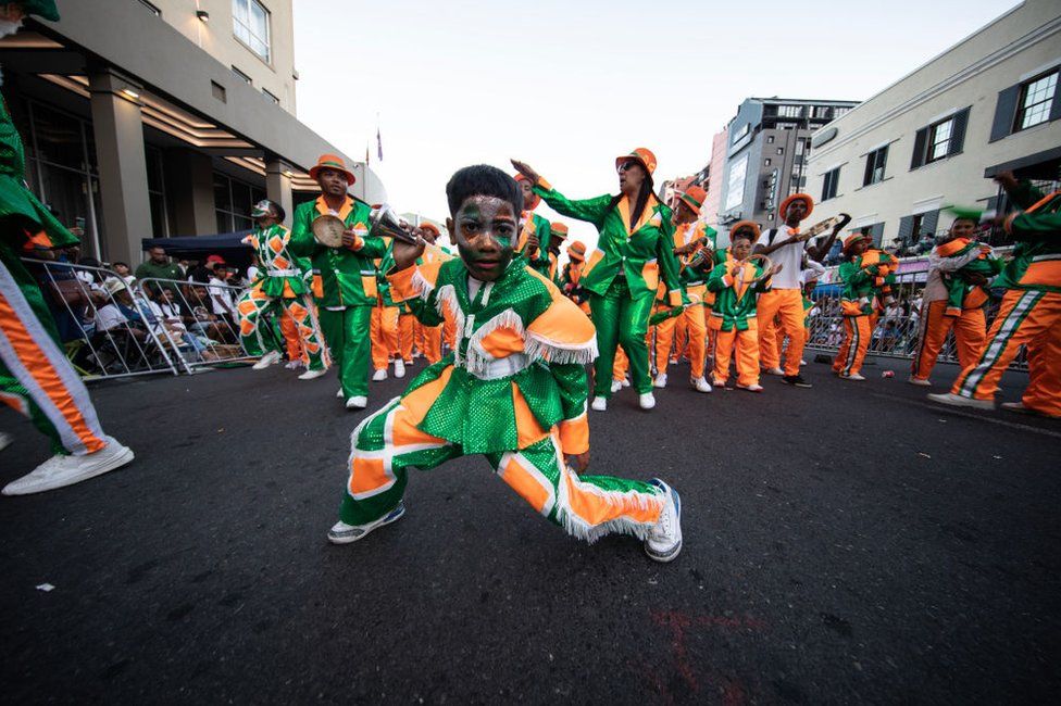 The T.V Stars from Heideveld in action during the Tweede Nuwe Jaar celebration in Bo-Kaap on January 02, 2023 in Cape Town, South Africa. The Klopse parade is back after a two-year hiatus due to Covid-19. About 20 000 performers and tens of thousands of audience members flocked to the city to see the performances which dates back to the days of slavery in the Cape