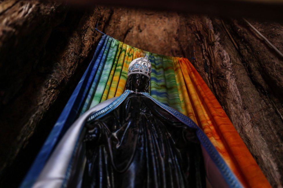 A view of the statue of the Virgin Mary inside of the Mariam Dearit shrine on January 02, 2023 in Keren, Eritrea. Mariam Dearit is a Shrine or church named for the Virgin Mary and is constructed in the trunk of a 500 year old, 75 foot baobab tree. The site which is just two kilometres outside of the city of Keren is a destination for devout pilgrims of all faiths