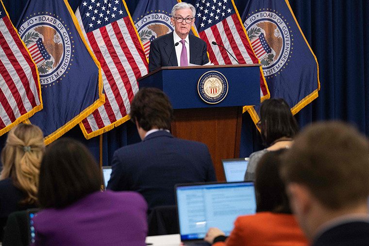 Federal Reserve Board Chair Jerome Powell speaks during a news conference at the Federal Reserve in Washington, DC, today.