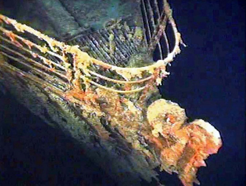 The port bow railing of the Titanic lies in 12,600 feet of water about 400 miles east of Nova Scotia as photographed  as part of a joint scientific and recovery expedition sponsored by the Discovery Channel and RMS Titantic.