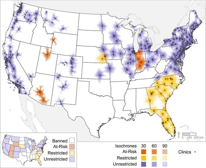 map of continental US shows abortion clinics clustered along costs, some in midwest, and large gaps between across the rest of the country