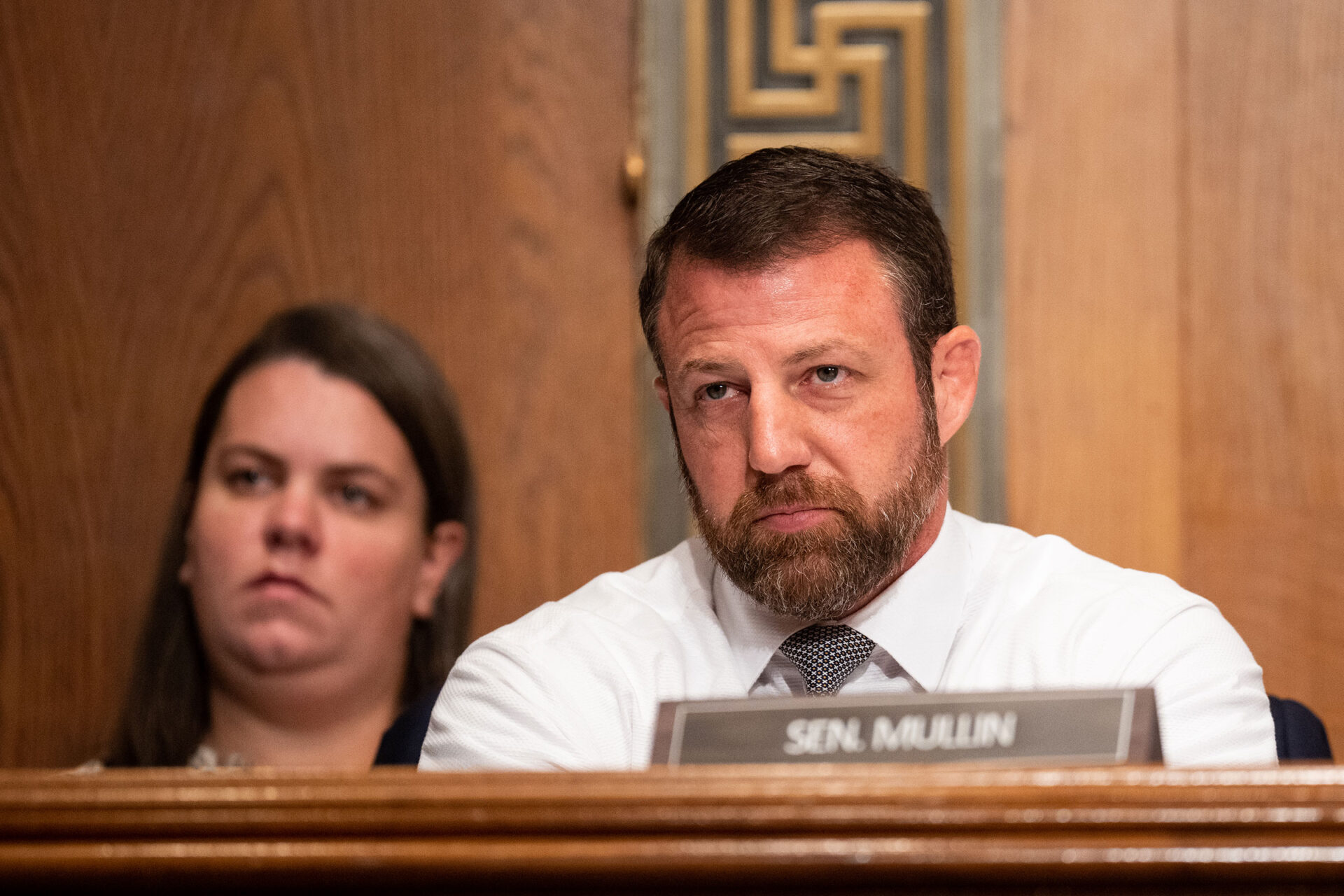 Sen. Markwayne Mullin listens during the Senate Health, Education, Labor and Pensions Committee hearing on "Standing Up Against Corporate Greed: How Unions are Improving the Lives of Working Families" on Tuesday, November 14, in the Dirksen Senate Office Building.