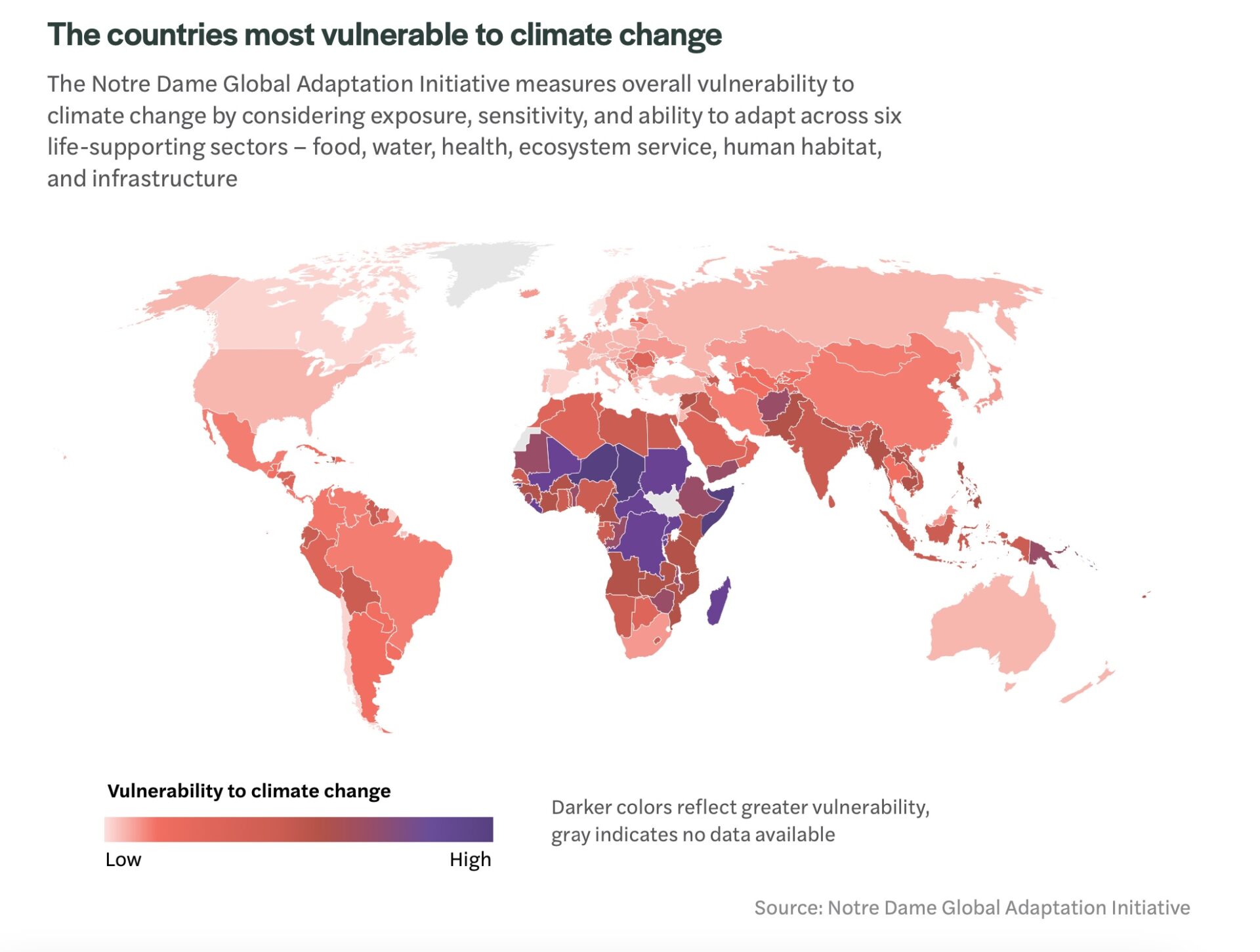 red-purple world map shows climate vulnerability concentrated in global south