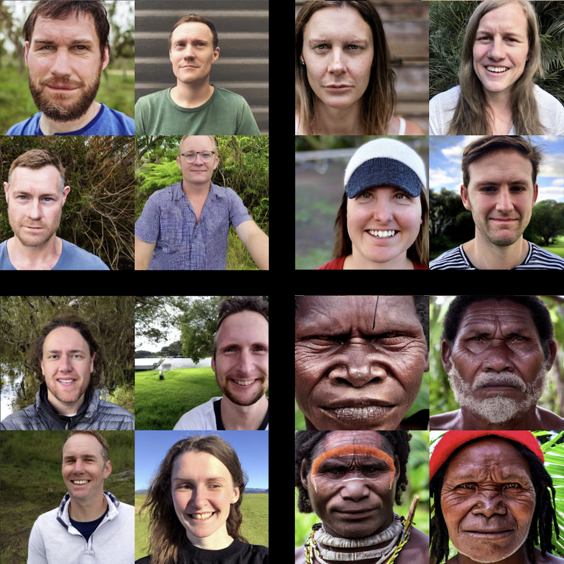 four sets of four AI-generated images each -- the first three (clockwise from top left) are all white people, the first one all white men. Only the last group of four shows darker-skinned, Indigenous people.