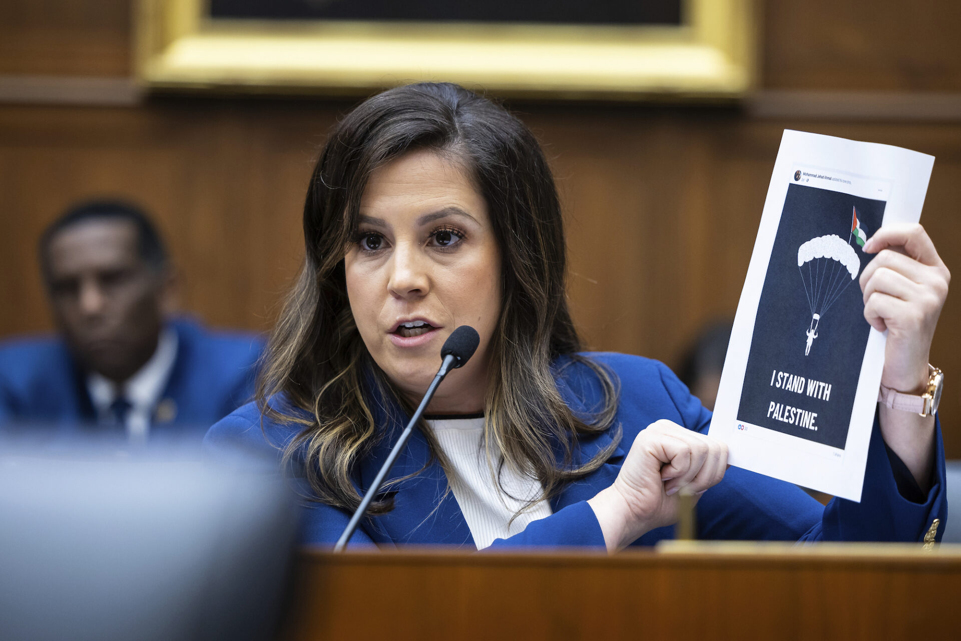 Rep. Elise Stefanik (R-NY) questions witnesses during a House Education and Workforce subcommittee hearing on antisemitism in K-12 education on Capitol Hill on Wednesday.