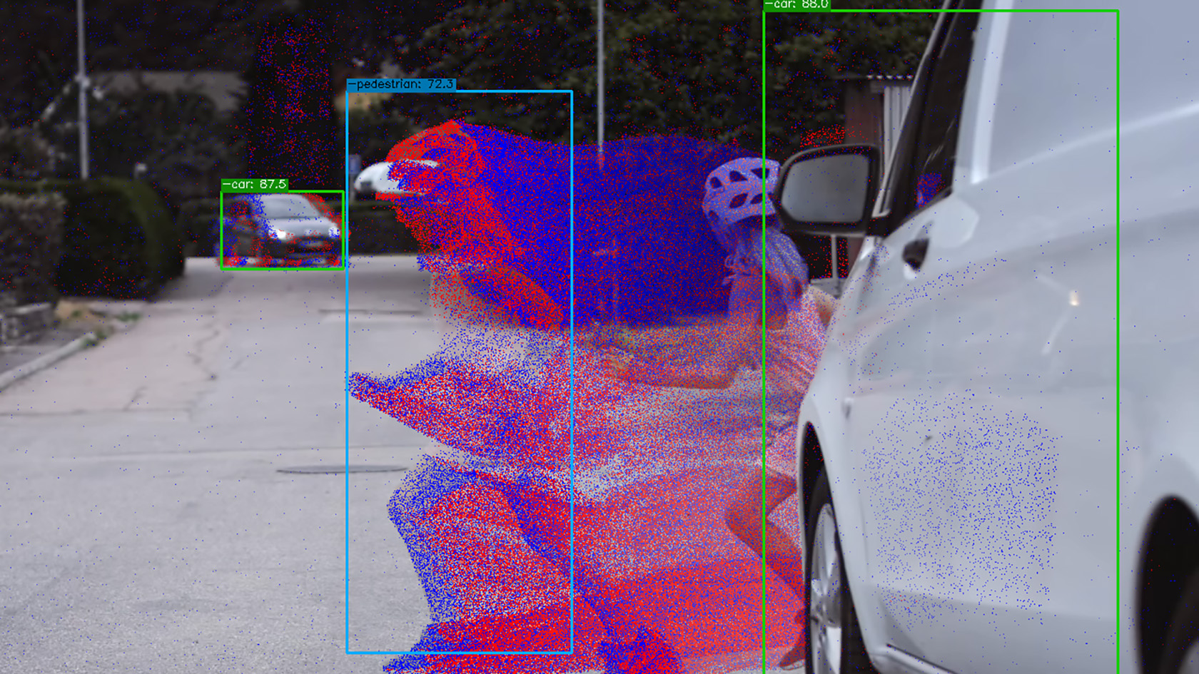 The image shows what the new cameras see: colorful dots highlighting a pedestrian's movement across a street along with green boxes highlighting nearby cars.