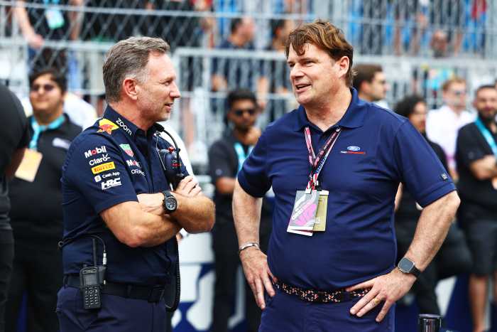 MIAMI, FLORIDA - MAY 07: Red Bull Racing Team Principal Christian Horner talks with Jim Farley, CEO of Ford on the grid during the F1 Grand Prix of Miami at Miami International Autodrome on May 07, 2023 in Miami, Florida. (Photo by Mark Thompson/Getty Images)
